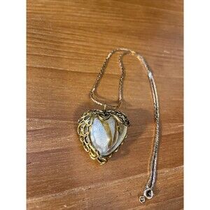 Vintage Rare Murano  glass Heart pendant gold tone Wrap Cage & 16” Chain